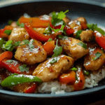 Sizzling Garlic Chicken Stir-Fry with Peppers & Steamed Rice