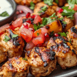 Sheet Pan Chicken Kebab with Onion, Tomato, Pomegranate Salad & Garlic Yogurt Sauce