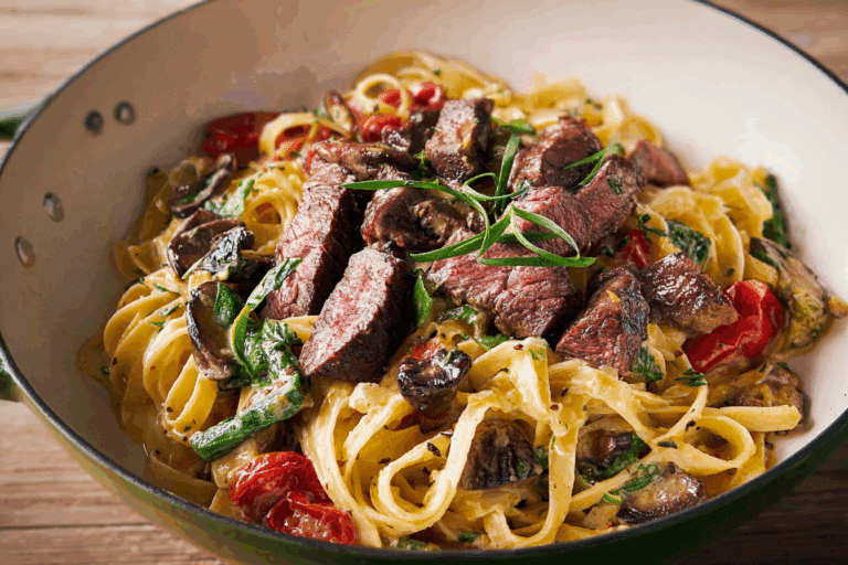 Creamy Veggie Fettuccine with Juicy Steak