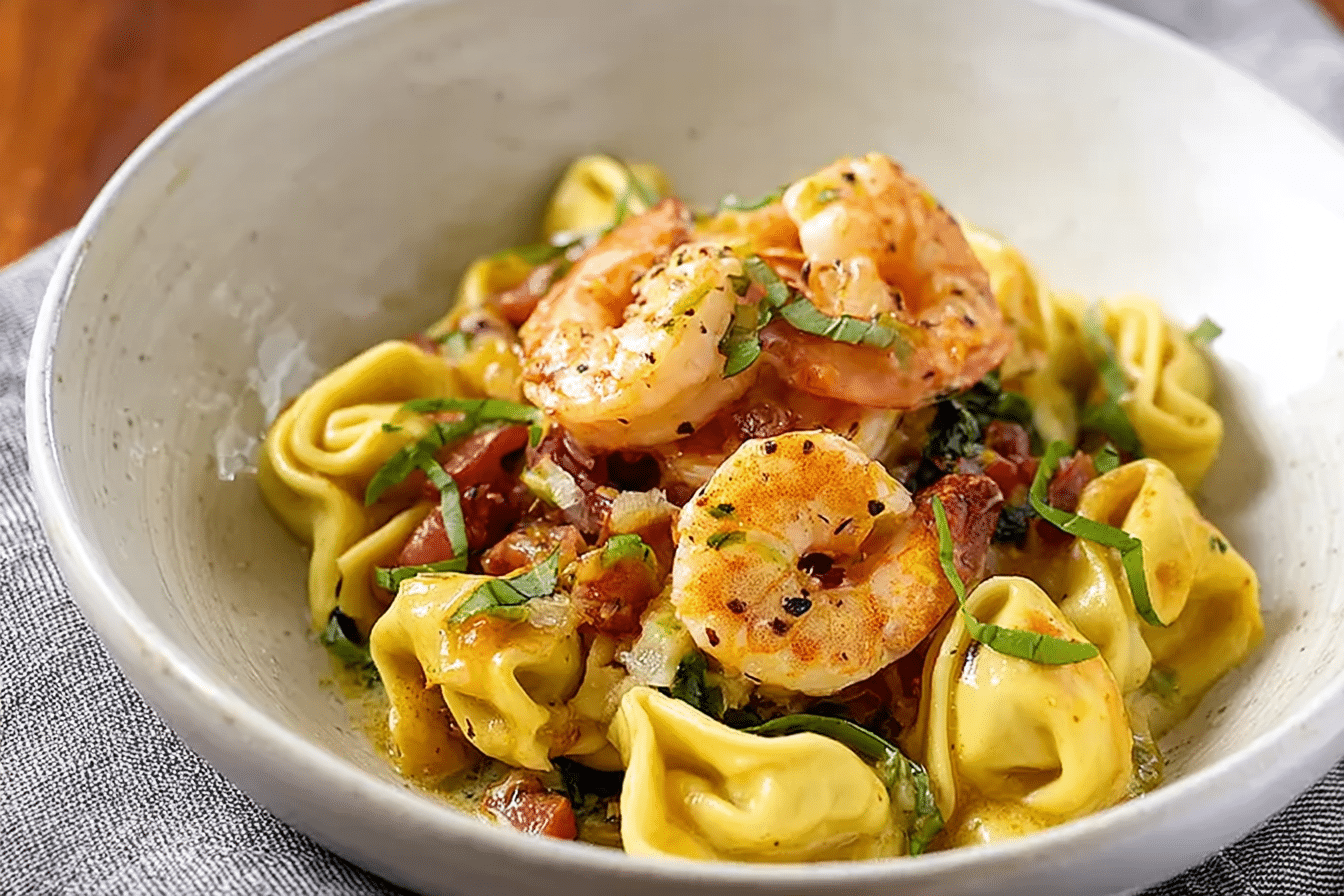 One Pot Shrimp and Creamy Garlic Tortellini