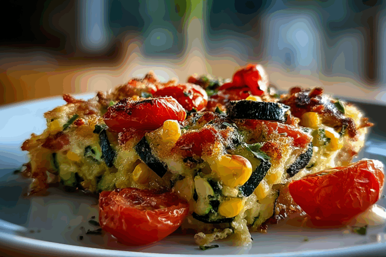 Cheesy Zucchini Corn Tomato Bake with Parmesan Crust