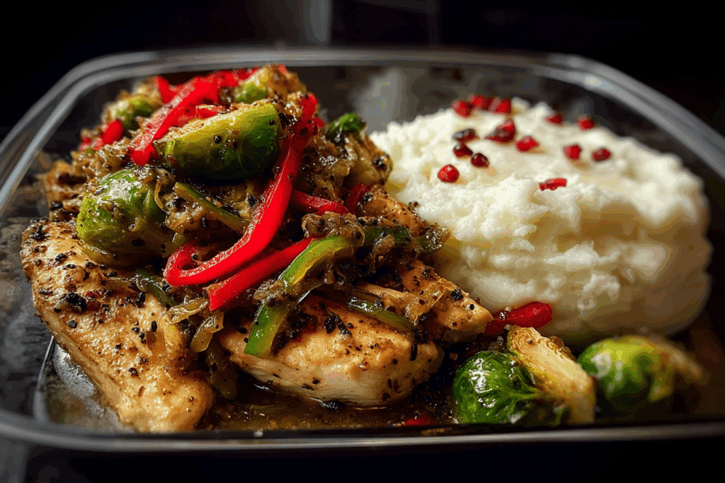 Insanely Good Creamy Pepper Chicken with Roasted Brussels & Mashed Potatoes