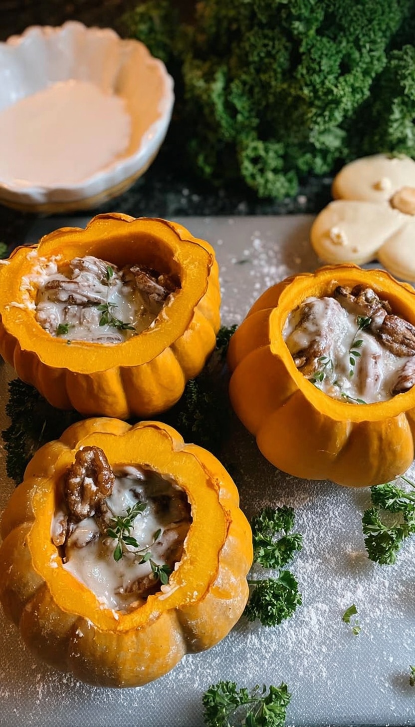 Stuffed Mini Pumpkins with Mushrooms, Walnuts, and Herb Cheese Recipe - Recipe Image