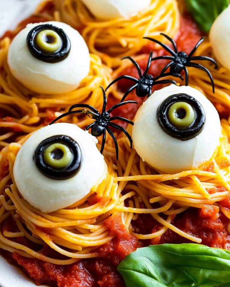 Halloween Vegetarian Spaghetti with Eyeball Toppings Recipe