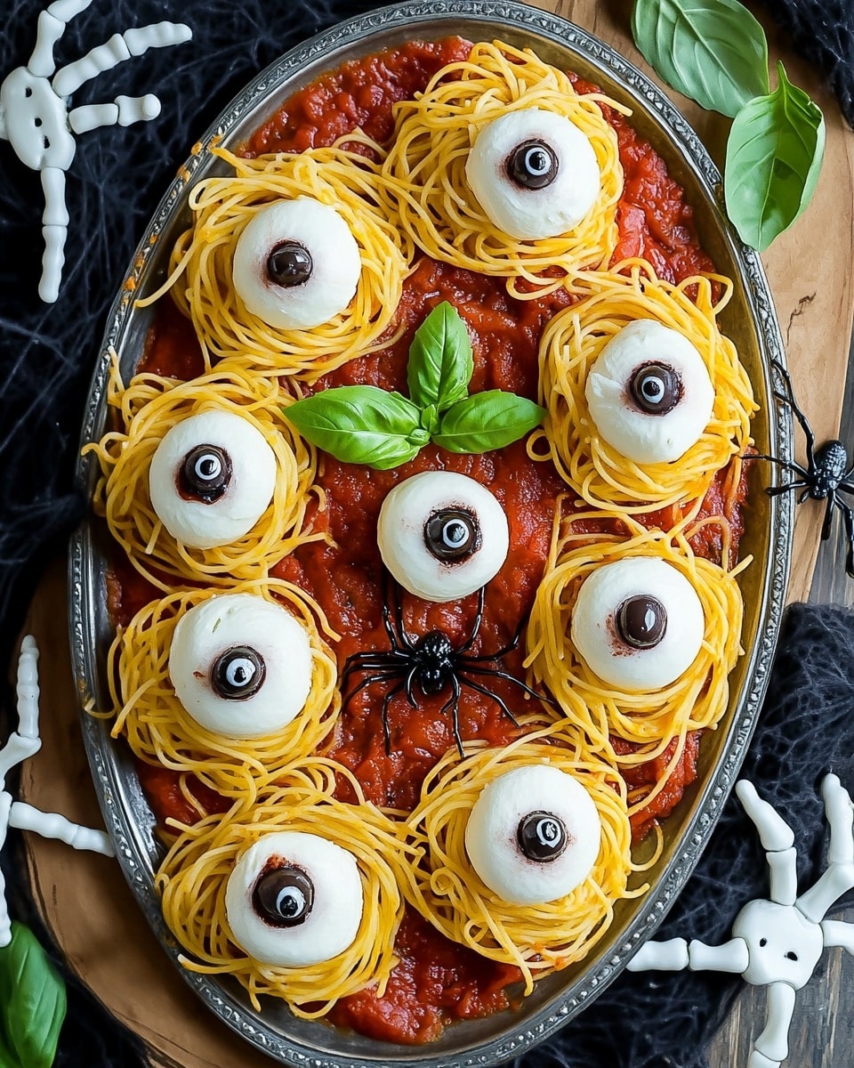Halloween Vegetarian Spaghetti with Eyeball Toppings Recipe - Recipe Image