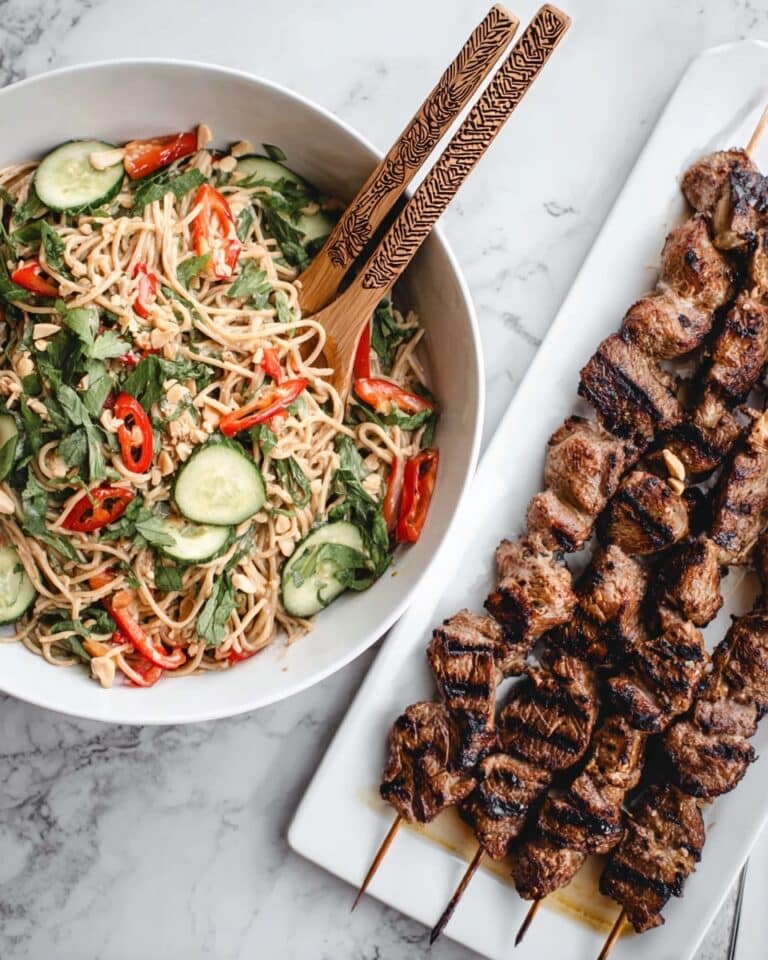 Juicy Marinated Pork Kebabs with Peanut Dressing and Noodles Recipe