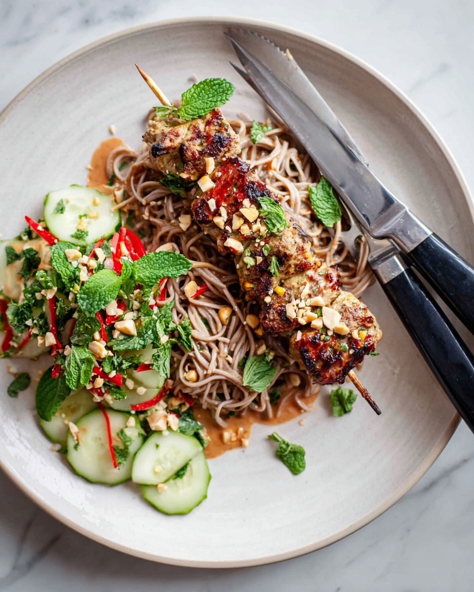 Juicy Marinated Pork Kebabs with Peanut Dressing and Noodles Recipe - Recipe Image