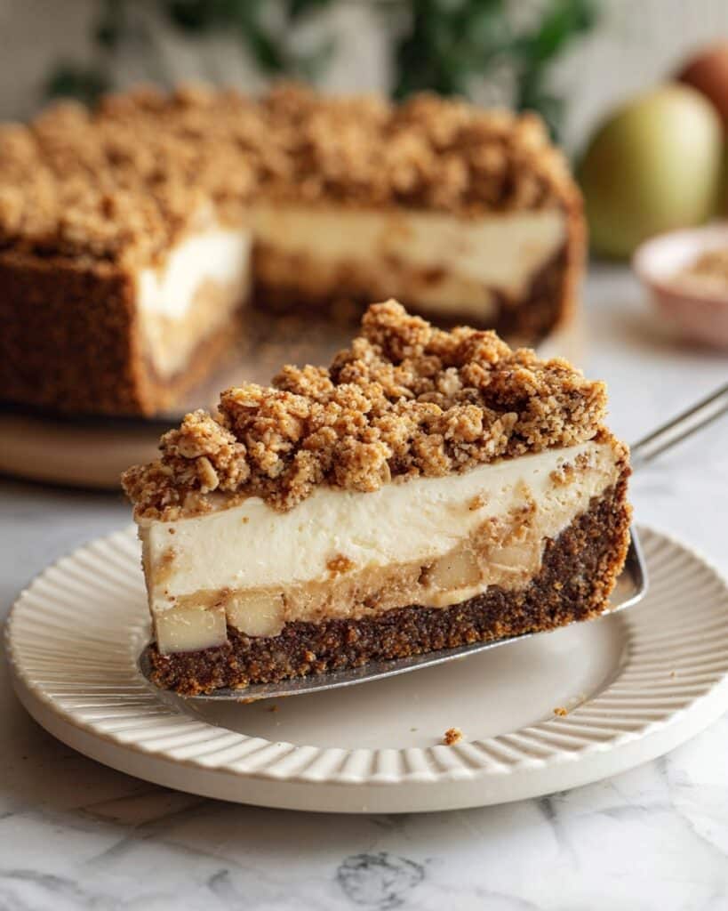 Apple Crumble Cheesecake with Biscoff Crust and Spiced Apple Topping Recipe