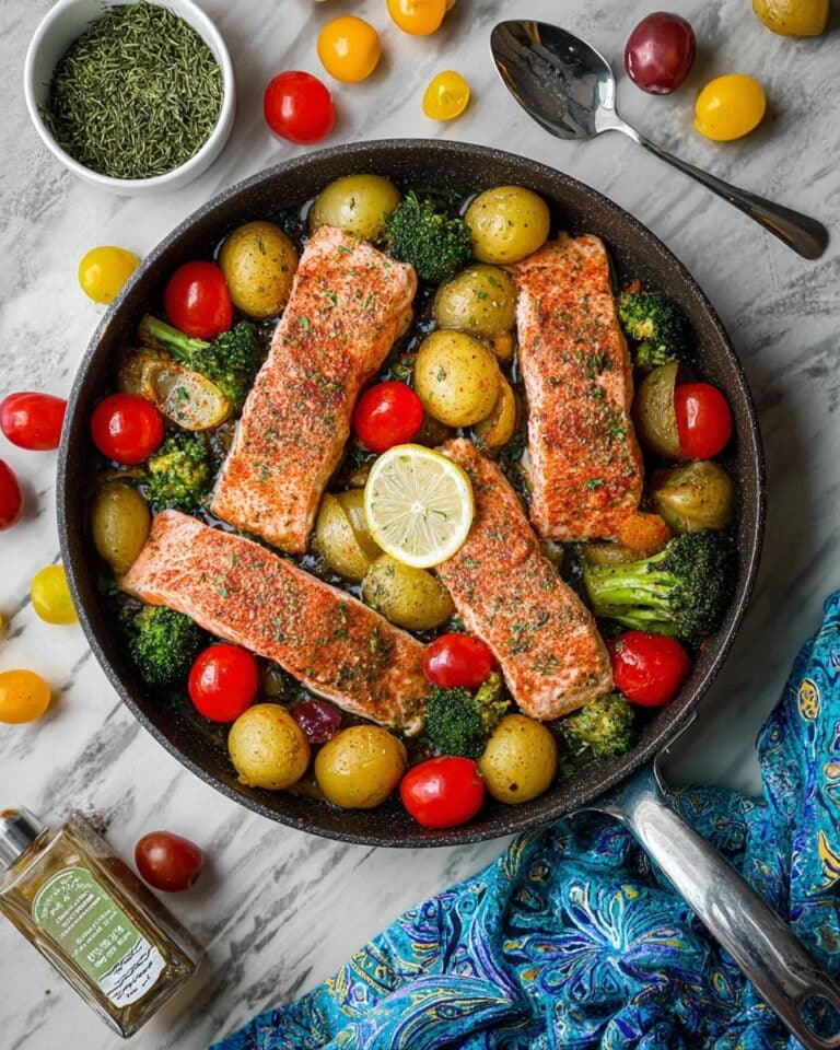 Za’atar Garlic Salmon with Roasted Baby Potatoes, Grape Tomatoes, and Broccoli Recipe