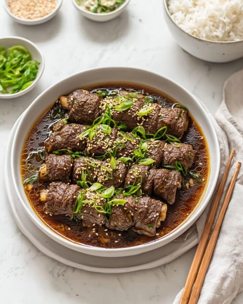 Enoki Beef Rolls with Dashi Mirin Soy Sauce Recipe