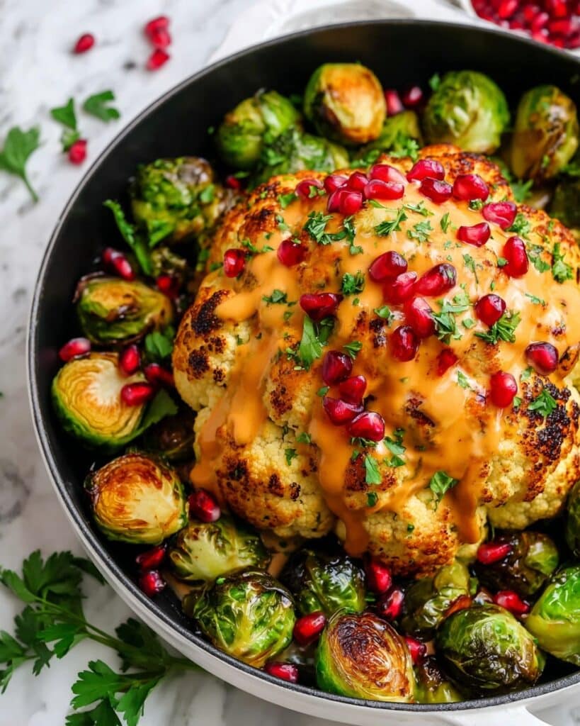 Vegan Whole Roasted Cauliflower with Tahini Drizzle and Pomegranate Recipe