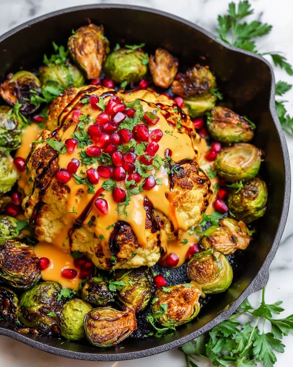 Vegan Whole Roasted Cauliflower with Tahini Drizzle and Pomegranate Recipe - Recipe Image