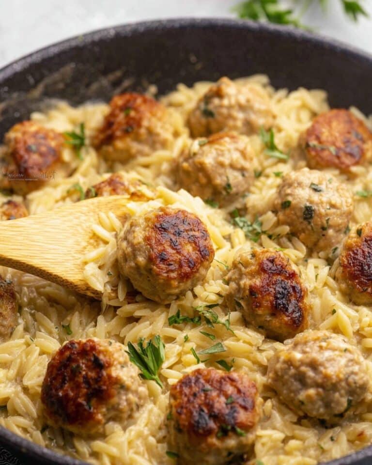 One Pan Chicken Meatballs with Garlic Parmesan Orzo Recipe