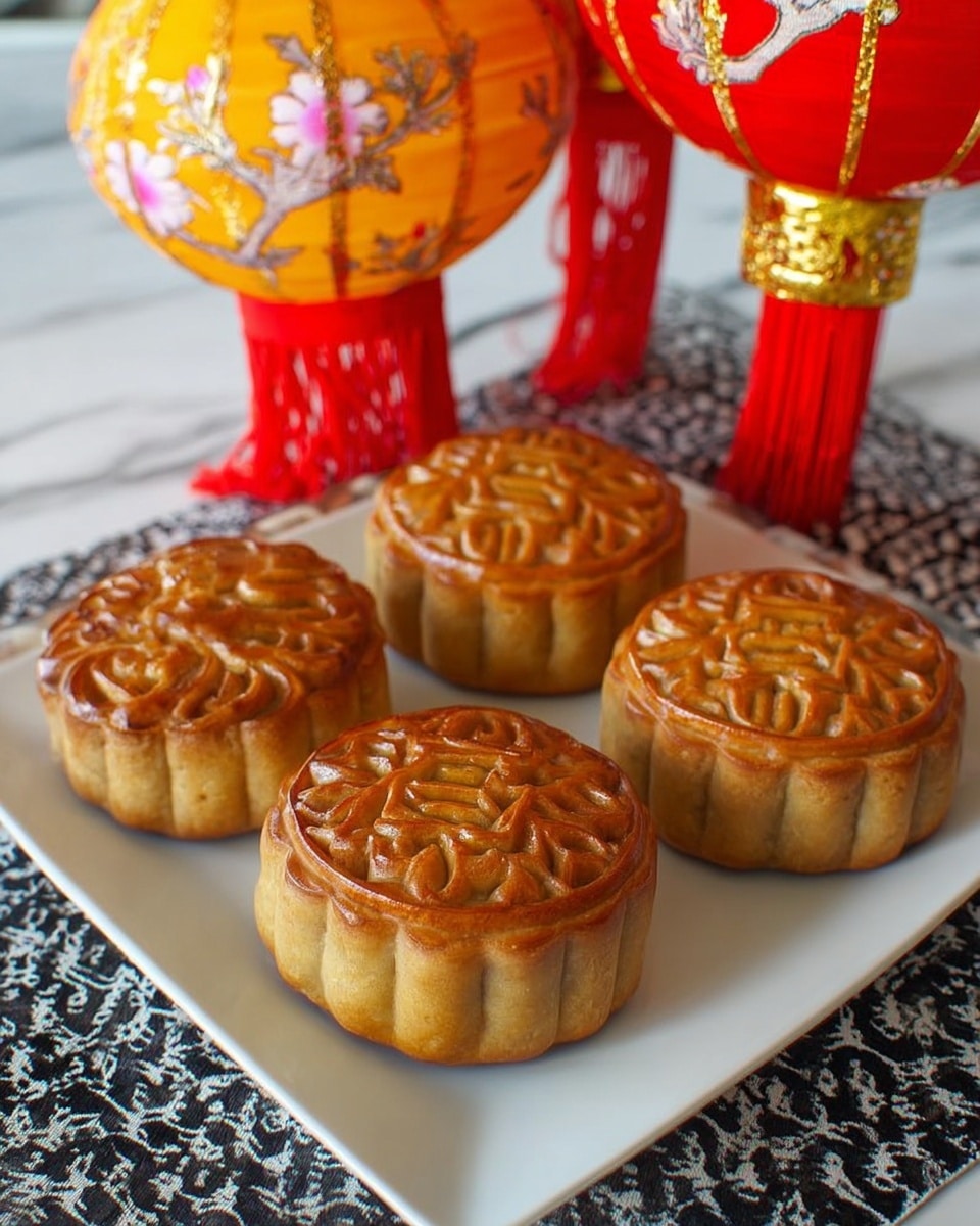Four round mooncakes with shiny golden brown crusts sit on a white plate. Each mooncake has a different detailed design on top, showing flowers, leaves, and geometric shapes with a smooth, slightly glossy texture. The plate rests on a white marbled surface with part of a woven black and beige cloth underneath. The light makes the mooncakes look warm and fresh. photo taken with an iphone --ar 4:5 --v 7
