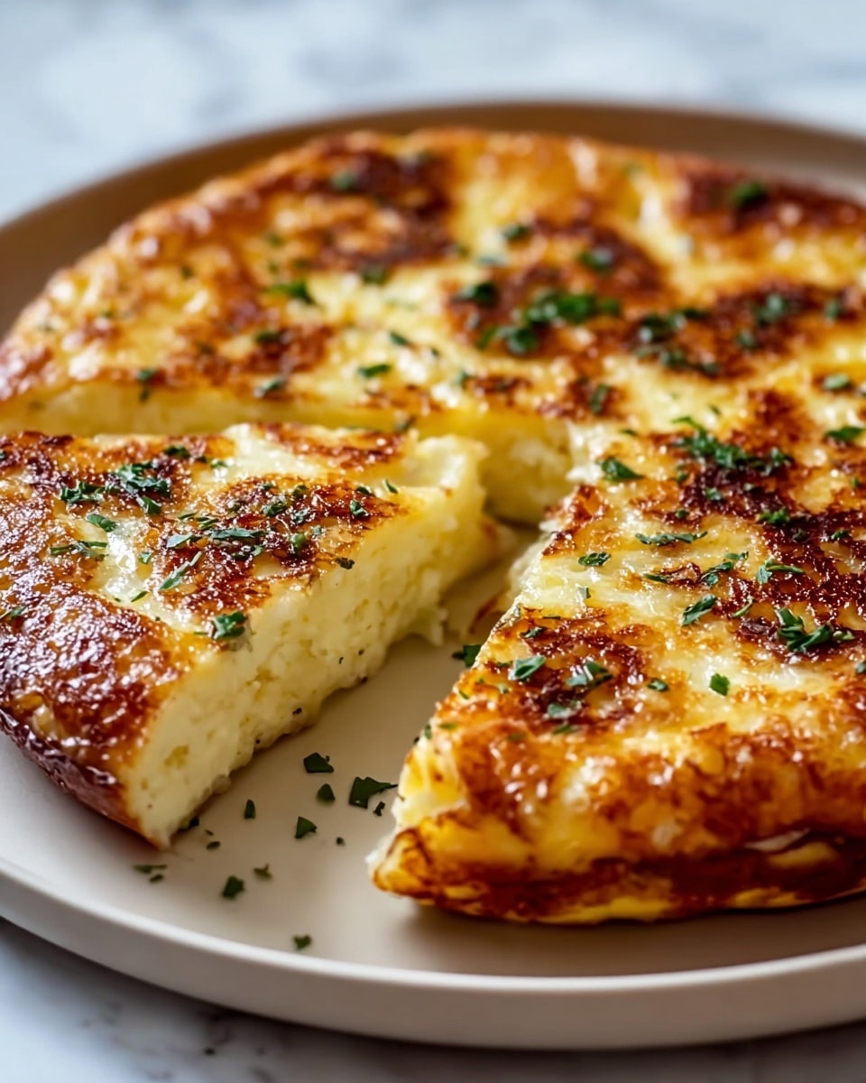 A round, thick dish is shown on a white plate, placed on a white marbled surface. The dish has a golden brown top layer with small, crispy patches and is decorated with small green herb pieces scattered evenly. It is cut into slices, with one slice slightly pulled out to reveal a light yellow, creamy inside with a soft texture and small bits inside. The edges are slightly raised and browned, giving it a crispy border. Photo taken with an iphone --ar 4:5 --v 7