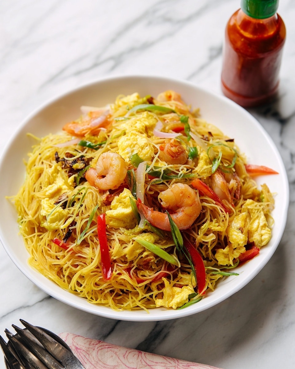 A white plate holds a large serving of yellow thin rice noodles mixed with small pieces of shrimp, light brown mushrooms, orange carrot strips, and green onion slices. The noodles are slightly glossy and tangled, covering the whole plate. Red dried chili peppers are scattered on top, adding dark red contrast. The plate sits on a light beige cloth on a white marbled surface, with a woman's hand holding chopsticks resting beside it, along with two white chopstick wrappers. The photo taken with an iphone --ar 4:5 --v 7