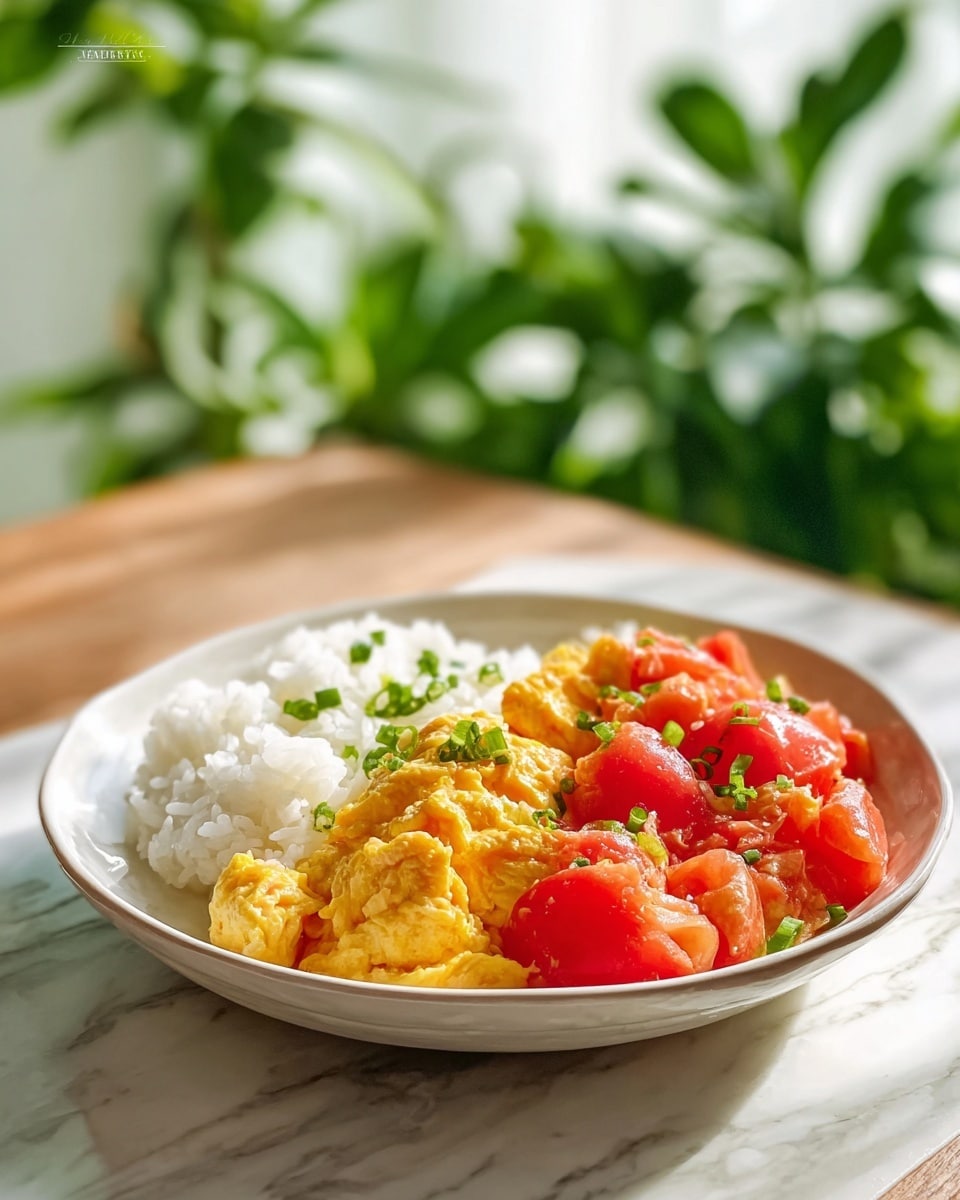 A white bowl sits on a wooden table with a beige cloth partially under it and a gold spoon in the back. The bowl is half-filled with plain white rice, and the other half has scrambled eggs mixed with cooked tomato pieces. The eggs are soft and yellow with a slightly rough texture, while the tomatoes are red and juicy, blending into the eggs. Small chopped green onions are sprinkled evenly on top of the egg and tomato mixture, adding a fresh touch. The background surface is a white marbled texture. Photo taken with an iphone --ar 4:5 --v 7