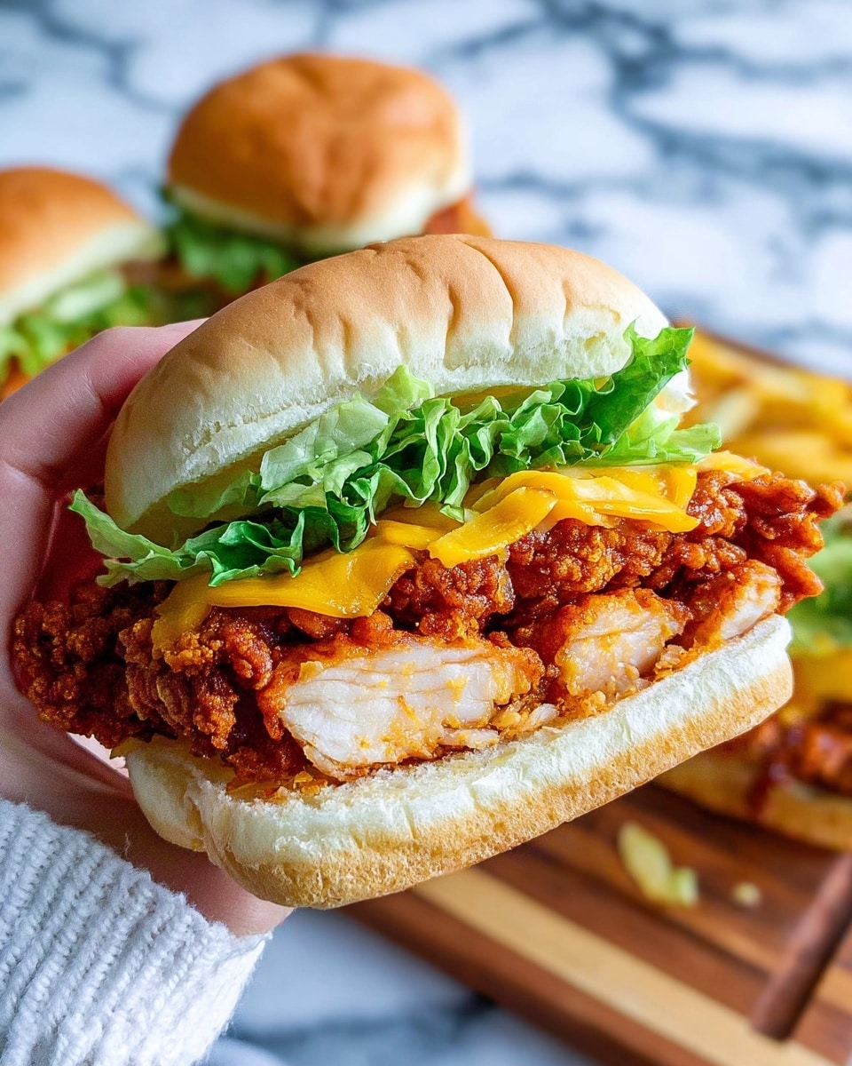 Three fried chicken sandwiches sit on a piece of brown parchment paper over a round wooden board. Each sandwich has three layers: a shiny golden-brown sesame seed bun on top, a crispy fried chicken layer with a rough texture in the middle, and fresh green lettuce leaves with curly edges on the bottom, resting on the bottom sesame seed bun. In the background, there are green leaves blurred softly, and the scene is set on a white marbled surface. photo taken with an iphone --ar 4:5 --v 7
