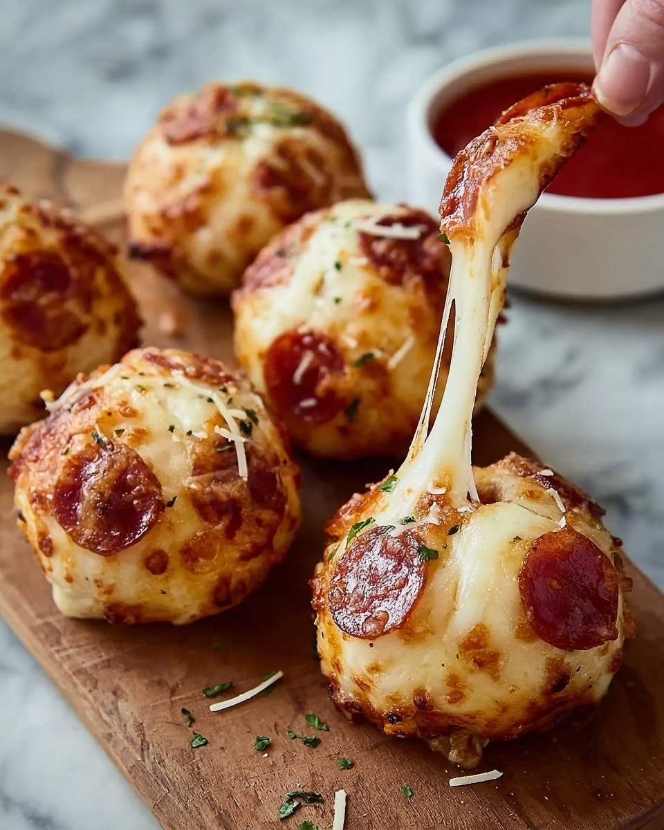 A small round pizza bun with a golden brown bread base topped with a thick, melted creamy white cheese layer that drips down the sides slightly; on the cheese are several thin, shiny reddish-brown pepperoni slices, garnished with small green herb bits scattered on top. The buns are placed on a light wooden surface with a soft focus background showing more of the same buns close together. Photo taken with an iphone --ar 4:5 --v 7