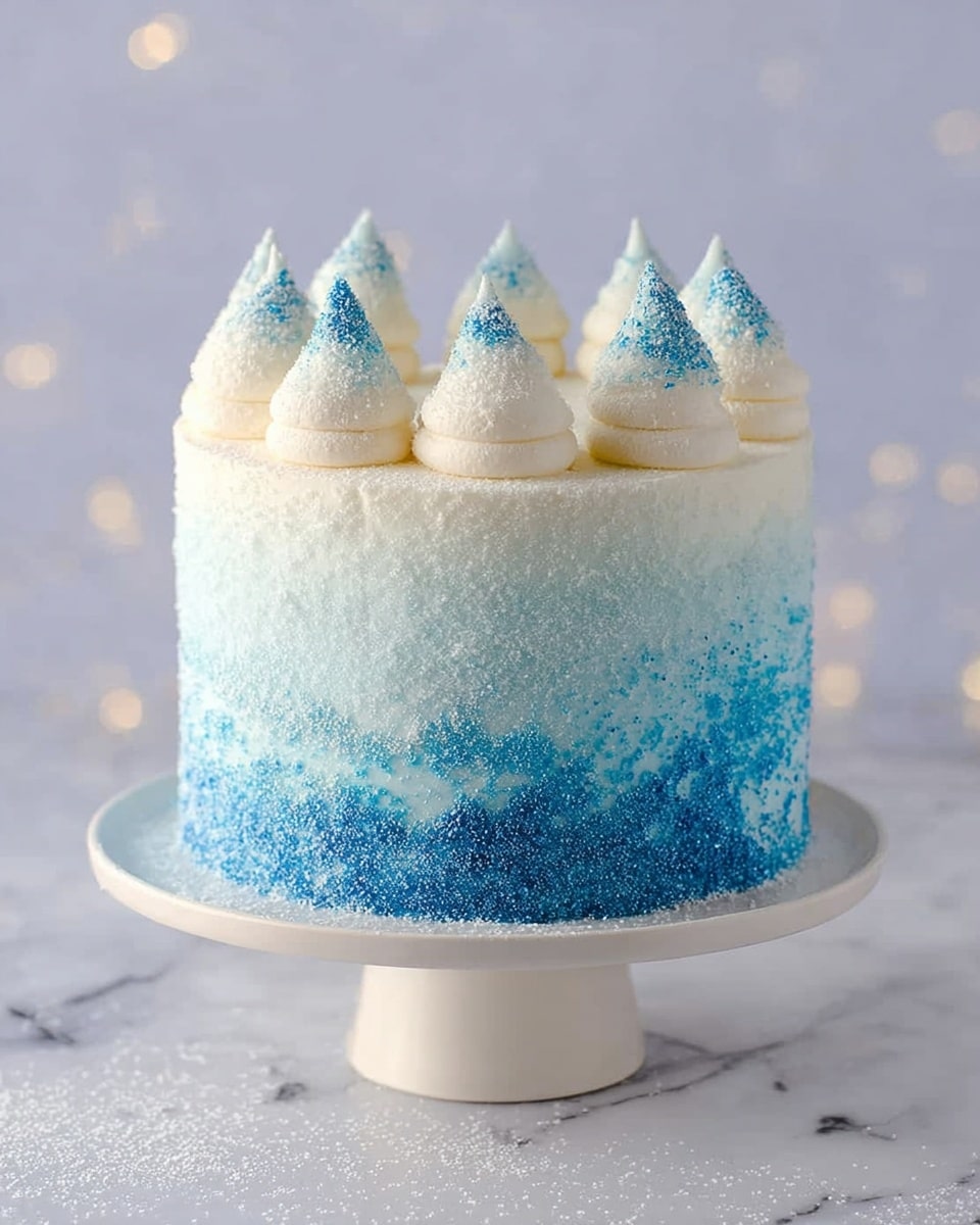 The cake is tall and round with two clear layers visible from the outside: a white upper layer and a blue lower layer, blending softly in the middle. The surface is covered in fine shimmering sugar crystals that give it a frosty look. On the top, there are around nine white cream peaks arranged in a circle, each tipped with blue sparkles, making them look like icy mountain tops. The cake sits on a white cake stand, placed on a white marbled surface with soft light reflections around. photo taken with an iphone --ar 4:5 --v 7