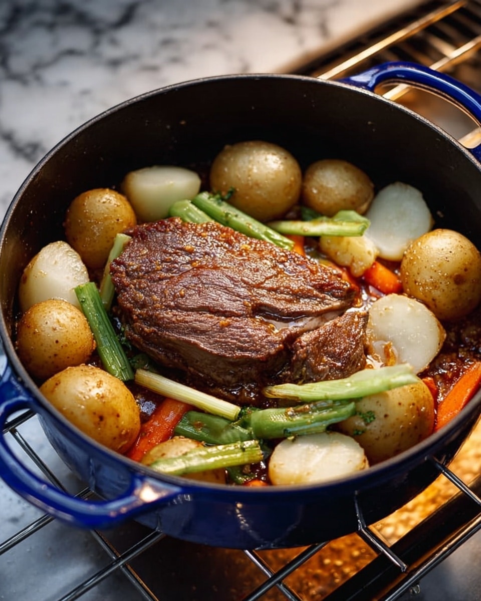 A large dark blue pot sits on a white marbled surface, filled with a rich stew. The top layer shows a large piece of browned meat covered in small green herb sprinkles. Around the meat are whole baby potatoes, some orange carrot pieces, and light green celery sticks, all immersed in a thick brown sauce. The pot has sturdy handles on each side, and the stew looks warm and hearty. Photo taken with an iphone --ar 4:5 --v 7