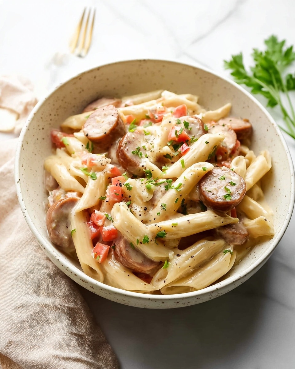 A white speckled bowl filled with creamy pasta showing three layers: the base layer is penne pasta in a light creamy sauce, the middle layer has sliced sausages with a brown exterior and pieces of red bell pepper scattered, and the top layer is fresh chopped green parsley sprinkled over the dish. A gold fork rests inside the bowl on the right side. Surrounding the bowl is a white marbled surface, with a white and beige striped cloth in the background, sprigs of parsley around, and a white round bowl filled with more chopped parsley on the upper right. Photo taken with an iphone --ar 4:5 --v 7