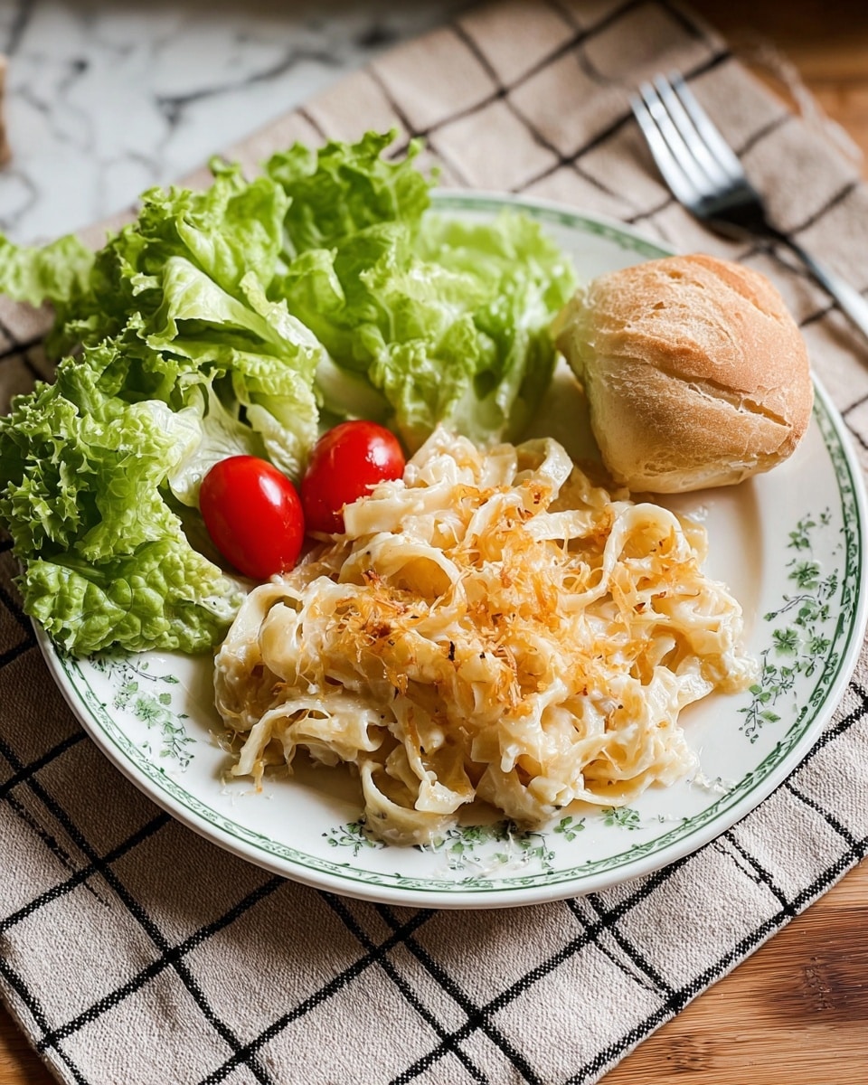 An oval white ceramic dish filled with a creamy baked casserole showing one main layer of noodles covered in melted cheese that is golden brown with some darker toasted spots on top. The casserole rests on a white marbled surface with a folded white cloth beneath it patterned with small black diamonds. Nearby is a white bowl with fresh bright green lettuce leaves and a few red cherry tomatoes on top, as well as a wooden spoon with a copper handle. In the lower part of the image, there is a white cloth holding soft round bread rolls and two silver forks resting on the cloth. Photo taken with an iphone --ar 4:5 --v 7