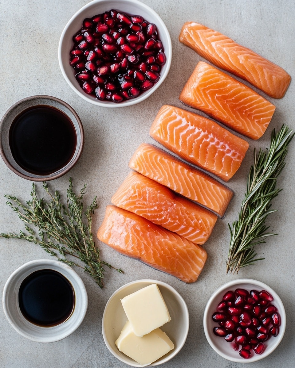A thick, cooked salmon fillet rests in the center of a white plate, showing a shiny, light orange surface with a slightly charred texture. On top, there is a thick dark red sauce spread along the middle, covered with bright red pomegranate seeds and small pieces of chopped nuts sprinkled evenly, adding a crunchy texture. Around the fish, extra pomegranate seeds and sauce drip slightly onto the white plate. At the back of the plate, three orange slices are placed next to green rosemary sprigs. The plate is set on a white marbled surface with a blurred red and white cloth in the background. photo taken with an iphone --ar 4:5 --v 7