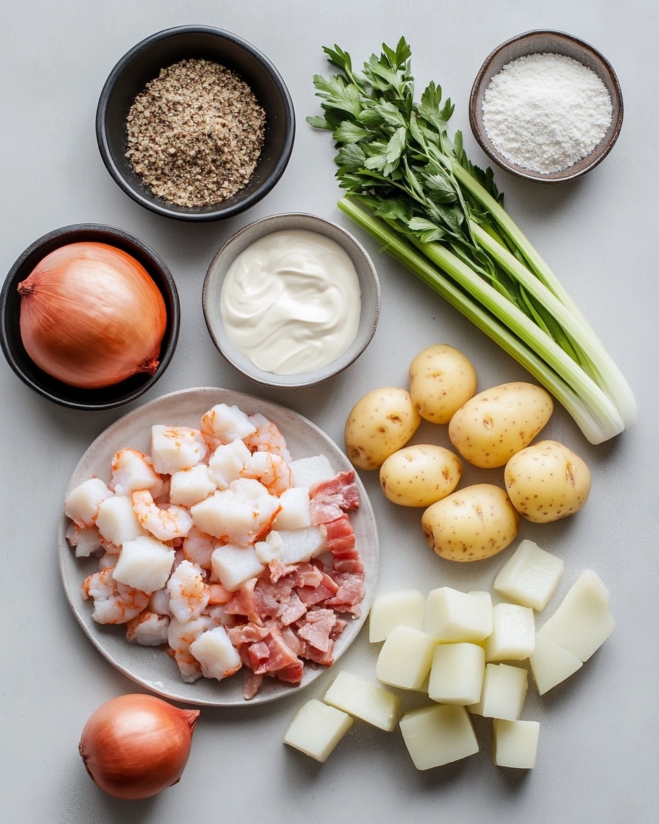 A light blue pot filled with a creamy off-white soup that has visible chunks of red-skinned potatoes, shrimp, and bits of celery mixed in. The soup is thick and smooth, dotted with finely chopped green herbs scattered on top. The pot sits on a white marbled surface with two slices of toasted bread garnished with herbs in the bottom left corner. Part of a white bowl filled with green lettuce and carrot slices can be seen in the upper right corner. A red and white striped cloth is partially visible in the top left corner. photo taken with an iphone --ar 4:5 --v 7