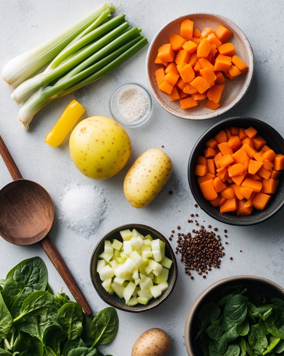 The image shows a white speckled bowl filled with thick brown stew that has visible chunks of orange carrots, green herbs, and lentils. The stew has a swirl of creamy white sauce in the center, topped with two slices of fresh green jalapeño peppers with seeds visible. A silver spoon is partially dipped into the stew, resting on the edge of the bowl. The bowl sits on a white marbled surface with some green herb leaves scattered around. Photo taken with an iphone --ar 4:5 --v 7