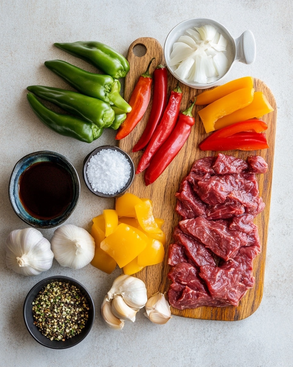 The dish shows several layers starting with thin slices of dark brown cooked beef covered in shiny dark sauce. Mixed in are many thin red bell pepper strips and long green pepper strips that add bright red and green colors. All ingredients are spread evenly in a round white plate with a dark rim. The background is a white marbled surface with a soft blue checkered cloth partly visible on one side. photo taken with an iphone --ar 4:5 --v 7