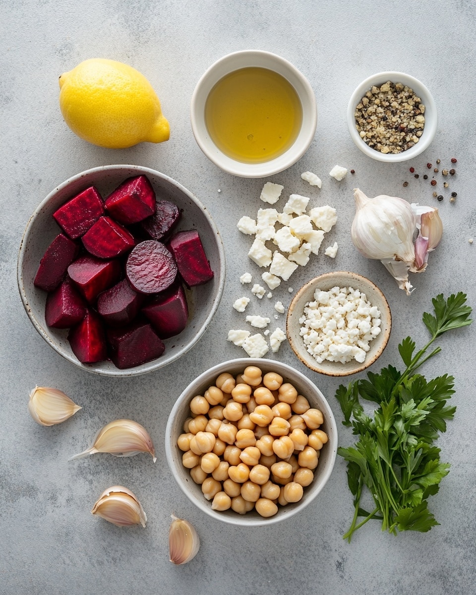 The image shows a bowl filled with three main layers of food: the bottom layer is light brown chickpeas with a smooth texture, the middle layer consists of dark red beet cubes with a shiny, slightly wet surface, and the top layer has small white cubes of cheese sprinkled with chopped green herbs and black pepper. The bowl is white, and the background is a white marbled surface. The scene is close-up and brightly lit, showing vivid colors and fresh textures. photo taken with an iphone --ar 4:5 --v 7