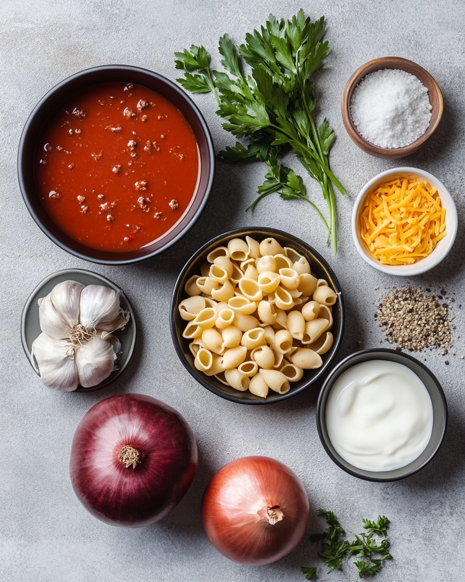 The image shows a white skillet filled with a creamy baked macaroni dish, consisting of elbow macaroni pasta mixed with ground beef in a rich, orange-brown cheese sauce. The top layer is bubbly and lightly browned around the edges, with visible small bits of meat evenly spread throughout. A large serving spoon rests inside the skillet on the left side. The skillet is set on a wooden board on a white marbled surface, next to a teal cloth napkin and part of a white bowl with leafy green salad and cherry tomato slices visible at the right edge. Two glasses with a light golden drink are also seen in the background. Photo taken with an iphone --ar 4:5 --v 7