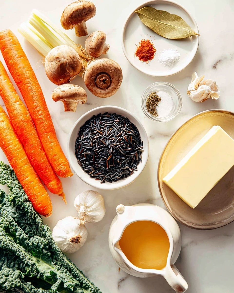 A creamy soup served in a white bowl with a gray rim, filled with three main layers: bright orange carrot slices and chunks scattered throughout, soft brown mushroom slices mixed evenly, and fresh dark green spinach pieces spread across the top. The soup base is light beige with visible black pepper and small bits of dark wild rice floating on the surface. The bowl rests on a white marbled surface with a beige cloth nearby. Photo taken with an iphone --ar 4:5 --v 7