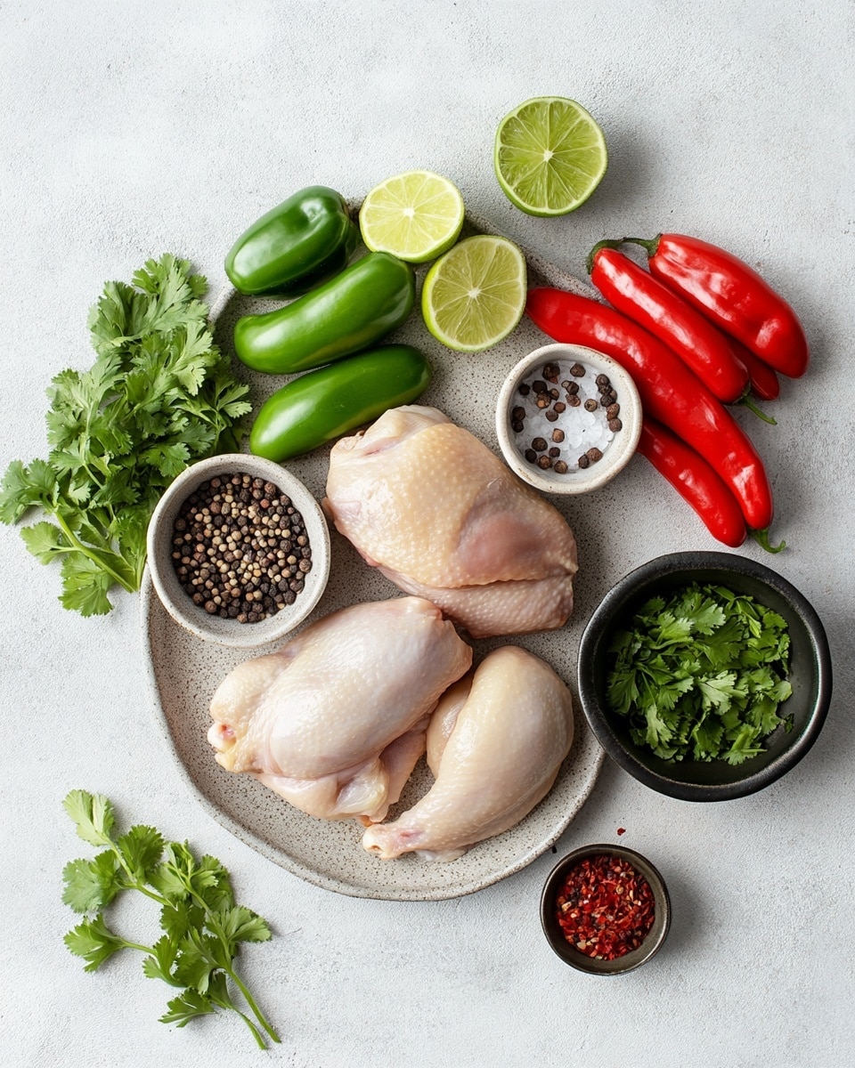 The image shows a white round pot filled with brown braised chicken pieces sitting in a dark brown sauce. There are nine pieces of chicken arranged in a circle with slightly crispy skin and green herb sprinkles on top. Underneath the chicken, chunks of red and green bell peppers and slices of onions peek through the sauce. The pot sits on a white marbled surface with a red and white striped cloth on the right side of the frame. photo taken with an iphone --ar 4:5 --v 7