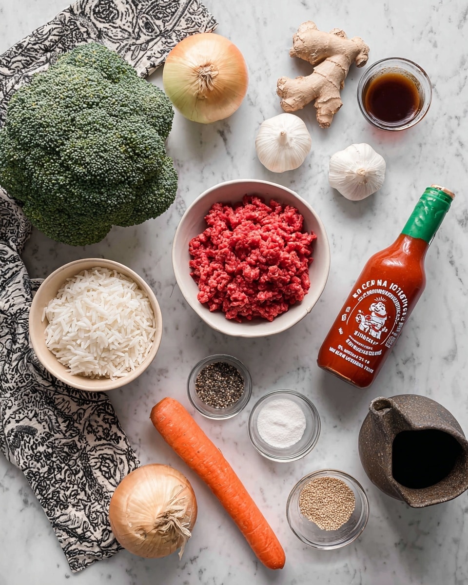 The image shows two black bowls filled with two layers: a bottom layer of white rice with a soft, fluffy texture and a top layer of mixed stir-fried ground meat with vegetables including bright orange sliced carrots, green broccoli pieces, and thin red pepper strips, all sprinkled with sesame seeds and green onion slices. To the top right, a large white bowl contains more of the stir-fried mixture, colorful with brown meat, orange carrots, green broccoli, and red peppers resting on a white marbled surface with a black-and-white patterned napkin under the bowl. Two pairs of chopsticks, one black and gold and the other black and brown, rest across the bowls. Nearby, a small white bowl holds white sesame seeds, and a small rustic bowl contains chopped green onions. Photo taken with an iphone --ar 4:5 --v 7