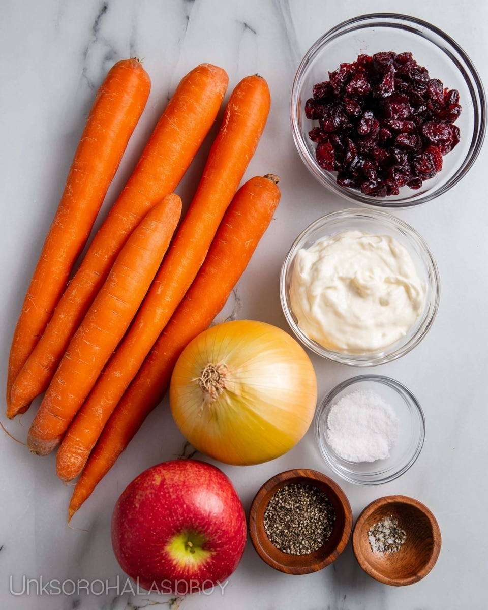 The image shows raw ingredients arranged neatly on a white marbled surface. There are four orange carrots laid out horizontally on the left side, a red apple above them, and a yellow onion between the apple and the carrots. To the right, there is a small clear glass bowl filled with dark red dried cranberries, another clear bowl with thick white sour cream or yogurt, and a halved bright yellow lemon placed next to them. There are also three small wooden bowls: one holding salt, one with black pepper, and another with a white granular ingredient, possibly sugar. The textures range from smooth and shiny on the apple and lemon to rough on the onion and carrots and soft and creamy in the white bowl. photo taken with an iphone --ar 4:5 --v 7