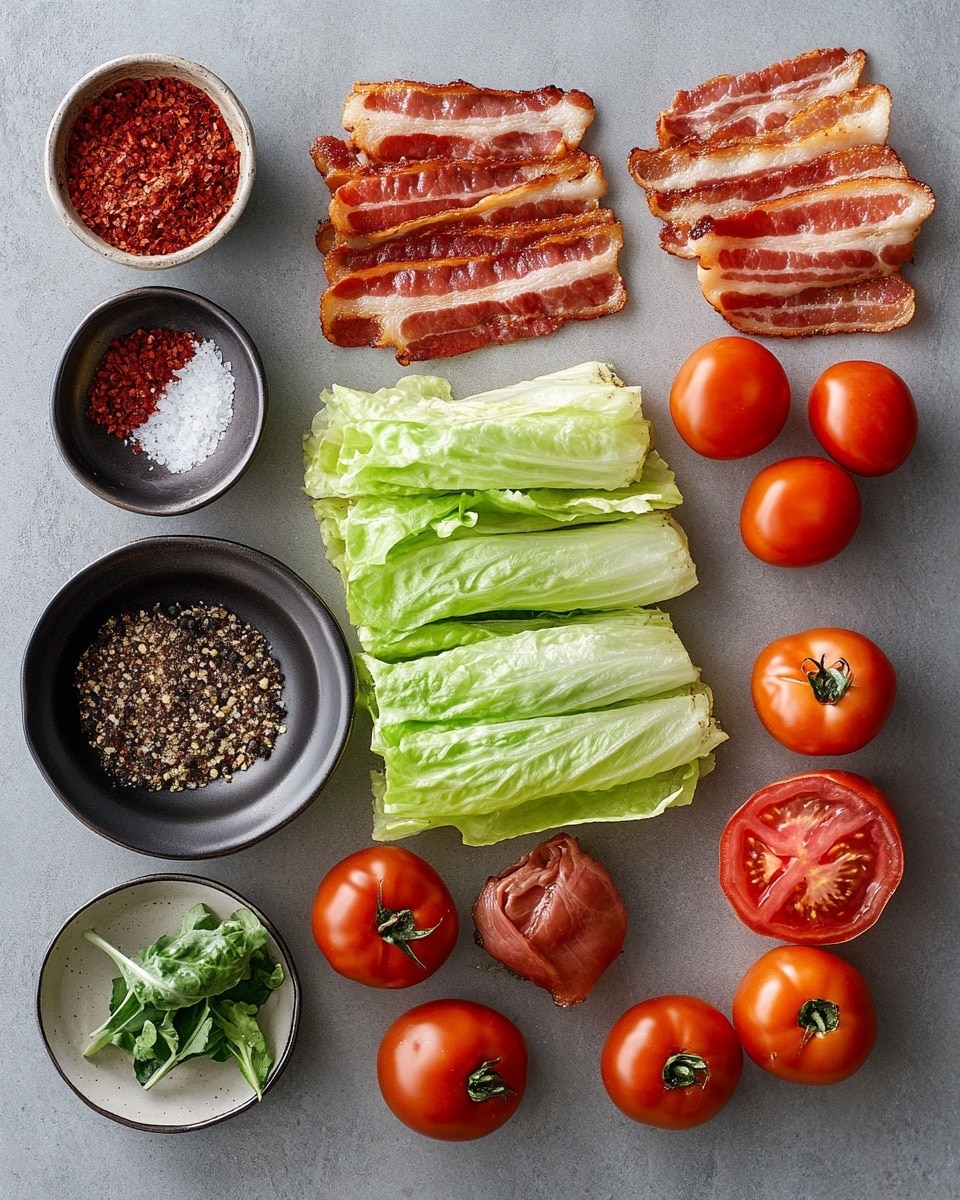 Two halves of a wrap sit side by side on a white plate placed on a wooden table with a white marbled texture background. Each wrap has three visible layers: the outer layer is a golden-brown toasted flatbread with slightly crispy spots; inside, a bright green leafy lettuce layer adds freshness and texture; beneath the lettuce, there is a mixture of reddish-brown cooked bacon strips and chunks of red tomato, with dollops of creamy white sauce scattered throughout. The wraps are cut to clearly show the filling inside, with the layers closely packed, inviting and colorful. Photo taken with an iphone --ar 4:5 --v 7