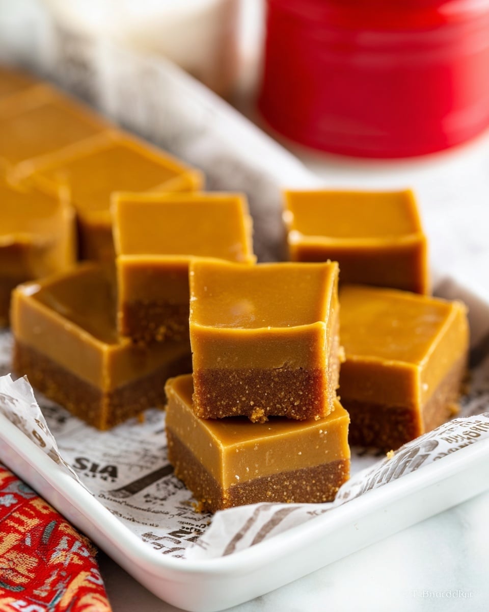 The image shows seven square pieces of brown layered fudge arranged in a white tray with a blue rim, lined with paper printed with dark brown text. Each fudge piece has two visible layers: a lighter, glossy brown top layer with a smooth texture, and a darker, denser bottom layer that looks slightly crumbly. The fudge squares are stacked loosely, with some edges showing tiny crumbs. The tray sits on a white marbled surface, with a red container labeled curry powder blurred in the background and part of a striped cloth visible at the lower right corner. The photo taken with an iphone --ar 4:5 --v 7