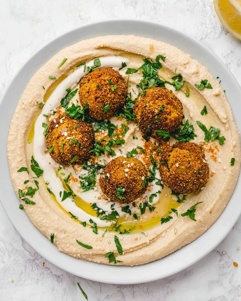A white plate filled with about fifteen round falafel patties that are golden brown with a rough, crumbly texture. Each falafel is sprinkled with small bits of chopped green herbs, adding a fresh touch, and a few green herb leaves are scattered around on the plate. The plate rests on a white marbled surface with a light blue cloth and chickpeas visible nearby. Photo taken with an iphone --ar 4:5 --v 7
