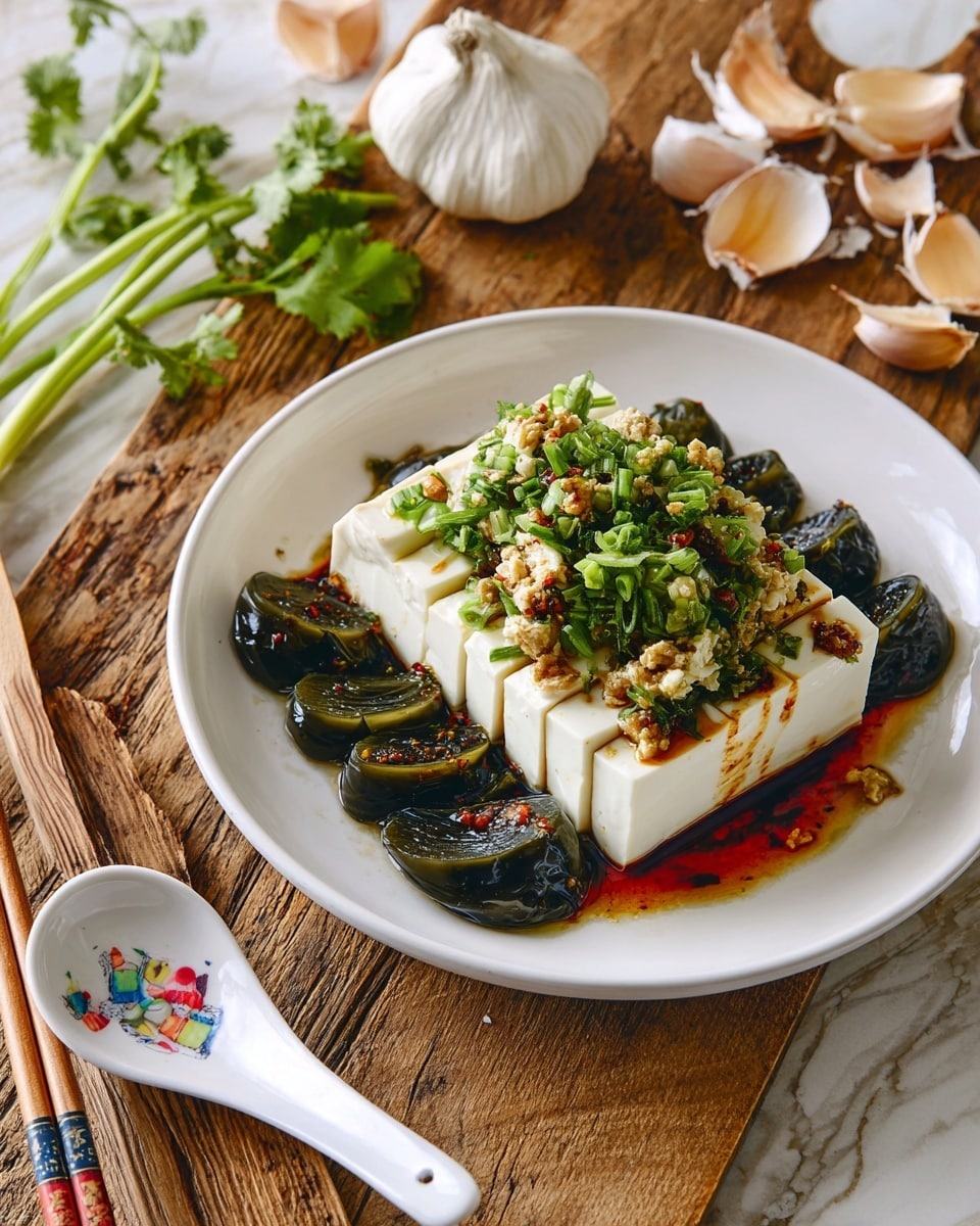 The dish shows a white round plate placed on a white marbled surface, filled with two main layers. The bottom layer has sliced century eggs with a shiny, dark green and black color, arranged evenly around the edges. On top, there is a block of soft white tofu sliced into neat thick strips but still connected at the base. The tofu is drizzled with a dark reddish-brown sauce and topped generously with chopped green onions, fresh cilantro, and finely minced garlic, giving a fresh green and white contrast. In the background, wooden chopsticks rest beside a white chopstick rest on the white marbled surface. Photo taken with an iphone --ar 4:5 --v 7