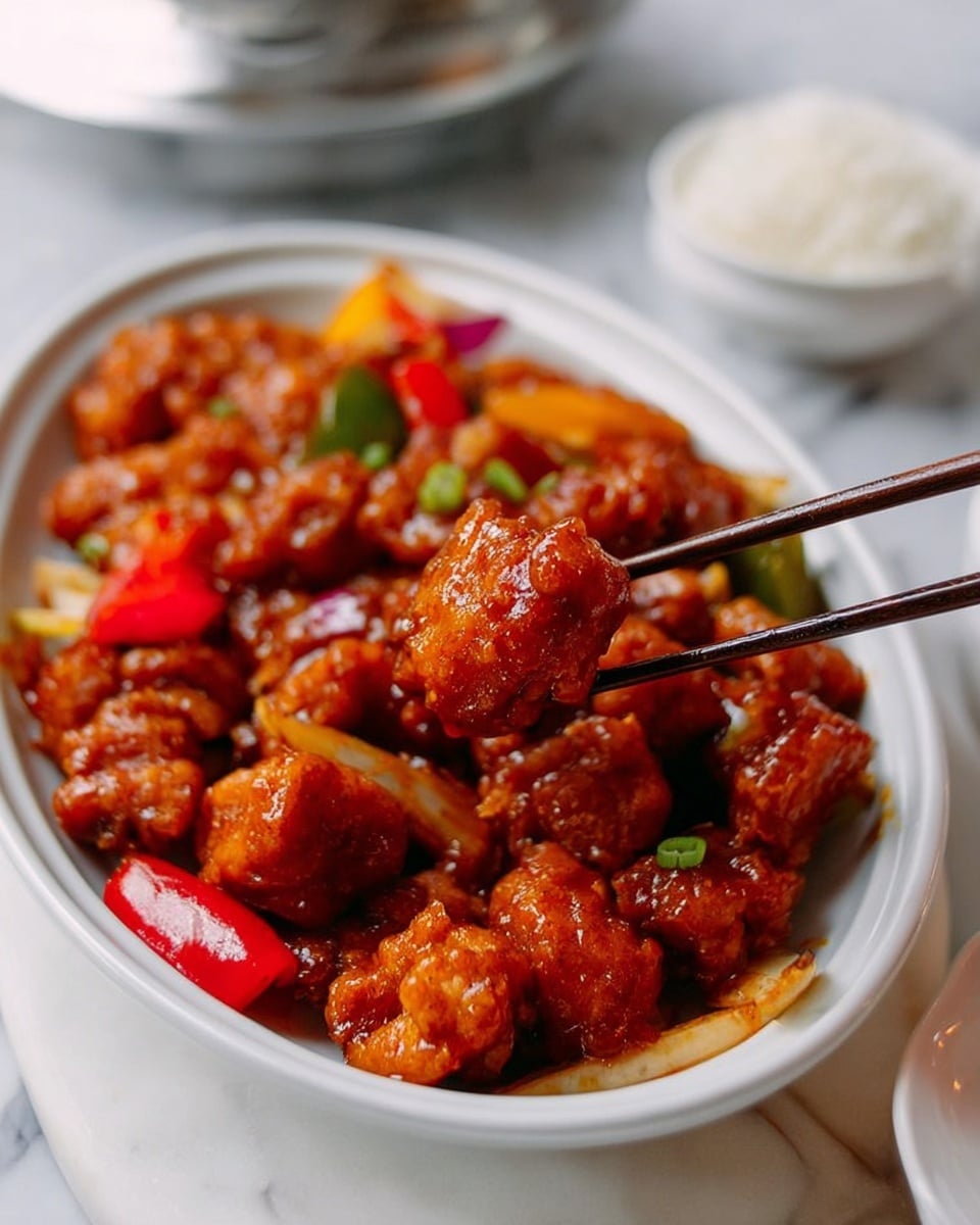 A white oval plate filled with many pieces of orange-brown glazed fried chicken mixed with sliced red and green bell peppers and red onion chunks, all shiny and coated in sauce. Next to it is a small white round bowl full of plain white rice. Both the plate and bowl are on a round tray covered with a gray cloth and some beige napkins, placed on a white marbled surface. A pair of silver chopsticks rests on the tray above the bowl. Photo taken with an iphone --ar 4:5 --v 7