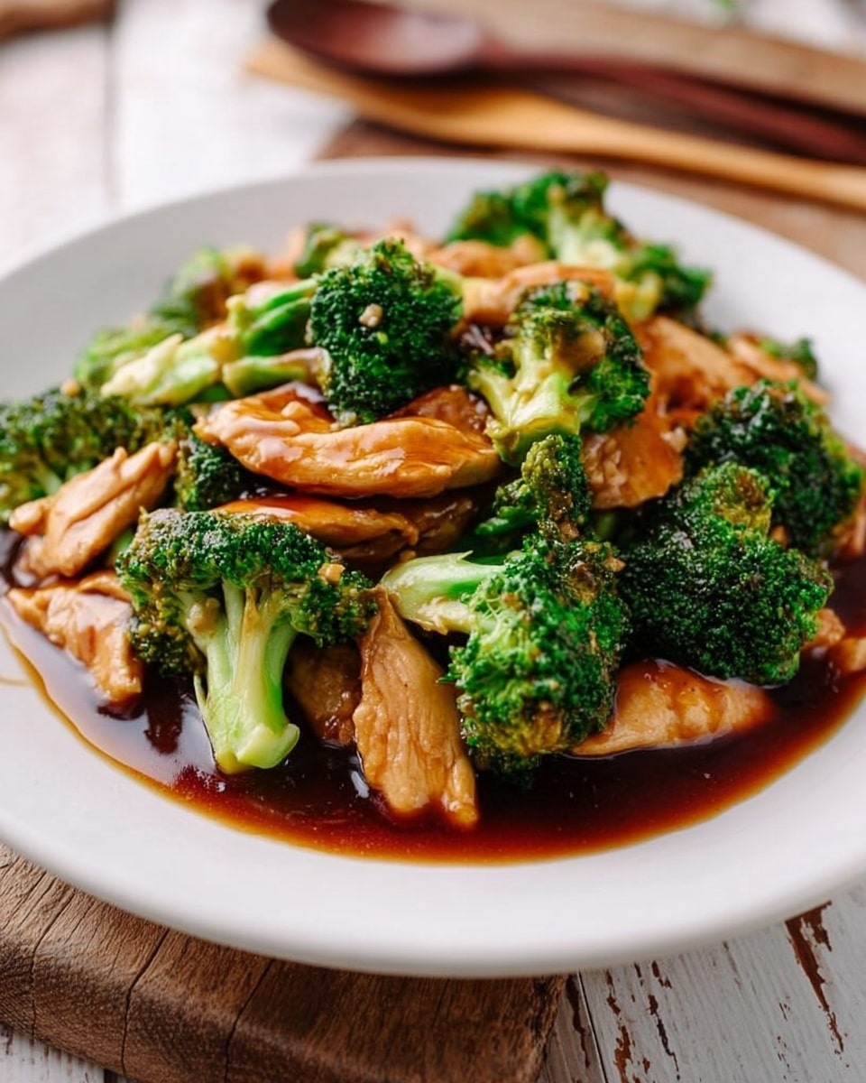 A white plate filled with a dish of bright green broccoli florets and light brown chicken pieces in a thick dark brown sauce. The broccoli and chicken are mixed evenly, covering the plate and resting on a light beige cloth with a frayed edge. Nearby, a white wooden board holds whole garlic bulbs, some peeled garlic cloves, and broccoli pieces. A small white bowl nearby contains white cooked rice, and dark wooden chopsticks lie beside the bowl. The background is a white marbled texture mixed with dark wooden boards. Photo taken with an iphone --ar 4:5 --v 7