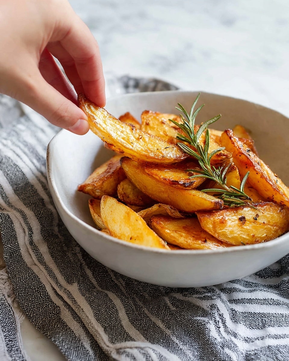 A shallow white bowl holds several golden brown potato wedges, each wedge showing a crispy, slightly rough texture with darker, well-roasted edges. The wedges are layered loosely and topped with small sprigs of fresh green rosemary, adding a touch of color contrast. The bowl sits on a soft, striped cloth with a white marbled texture beneath, giving a cozy and natural look. The overall feel is warm and inviting, with the focus on the crispy potatoes. photo taken with an iphone --ar 4:5 --v 7