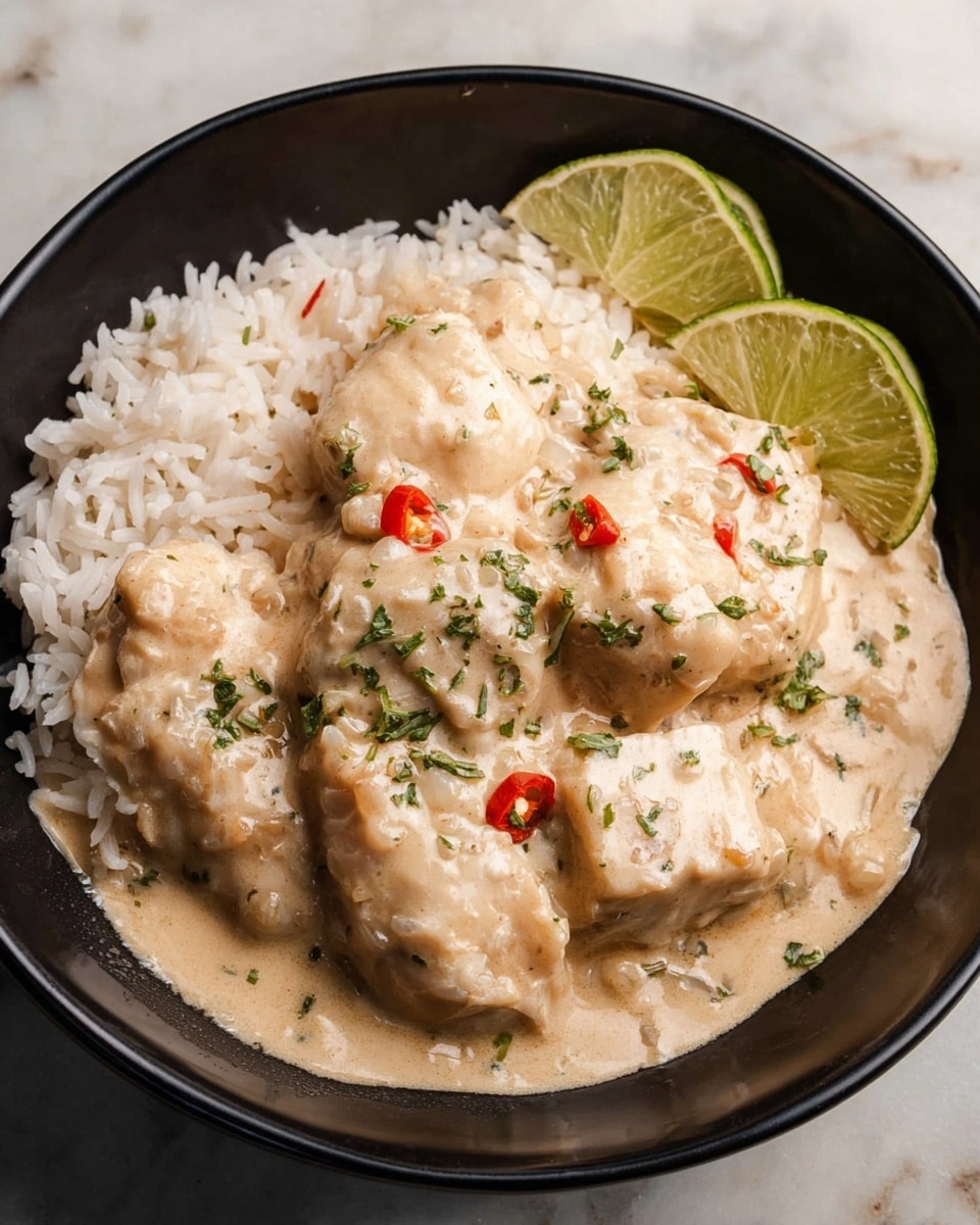 A black round bowl holds a dish with two main layers; the bottom layer is light brown cooked rice, soft in texture, filling the bowl's base. On top, there is a thick creamy beige sauce with small green herbs mixed in, covering chunks of white fish or seafood pieces, some pieces have a smooth texture, and others are slightly rough. A small slice of bright red chili is visible in the sauce, adding a pop of color. Two wedges of fresh green lime rest on the side of the rice, adding contrast. The bowl is set on a white marbled surface. Photo taken with an iphone --ar 4:5 --v 7
