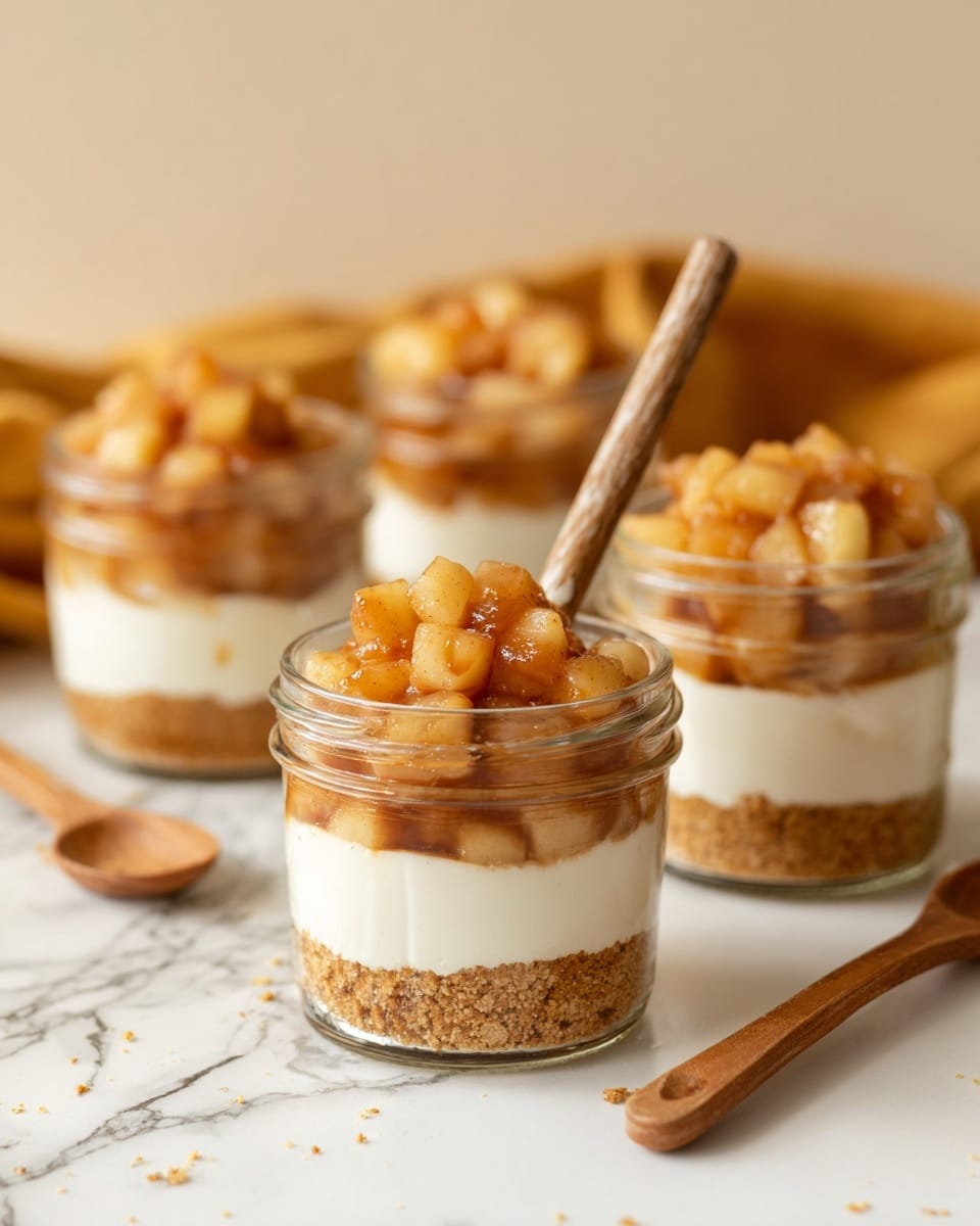 The image shows a small glass jar dessert with three clear layers clearly visible: a crumbly golden brown base, a smooth white cream layer in the middle, and a chunky caramelized apple topping with warm amber sauce dripping slightly down the sides. The jar sits on a white marbled surface with soft background tones of light brown and warm orange. Two more jars and a spoon with a long brown handle lay softly blurred in the background, adding depth to the scene. The overall look is warm and inviting, with a rustic, homemade feel. Photo taken with an iphone --ar 4:5 --v 7