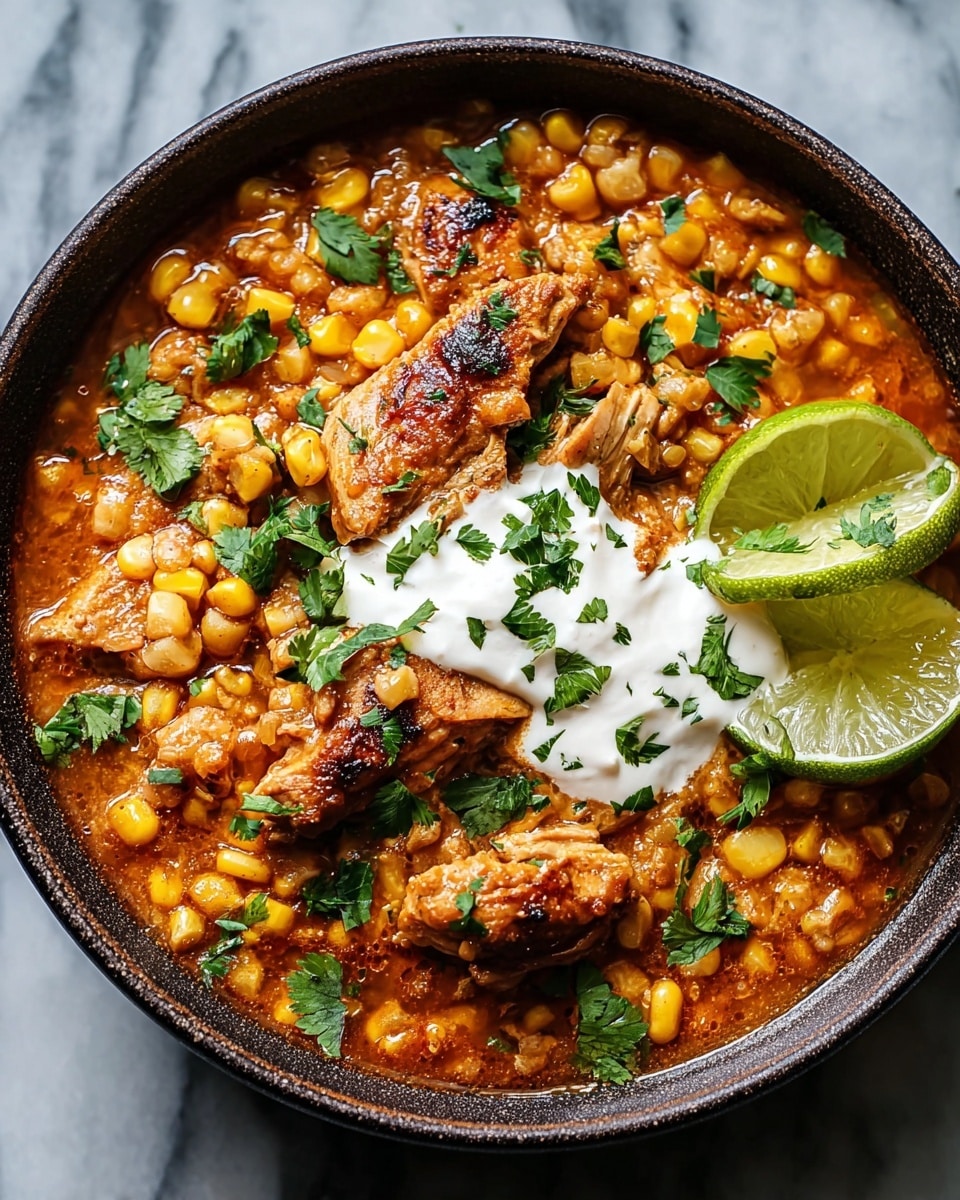 The image shows a white bowl filled with three pieces of cooked chicken layered with yellow corn kernels and chopped green parsley scattered on top. The chicken has a rich brown and reddish color from spices and looks tender. Around the chicken is a light brown sauce with more corn floating in it. On one side of the bowl, there are two dollops of white creamy cottage cheese next to two green lime wedges partly resting on the cheese. The bowl is placed on a white marbled surface. photo taken with an iphone --ar 4:5 --v 7