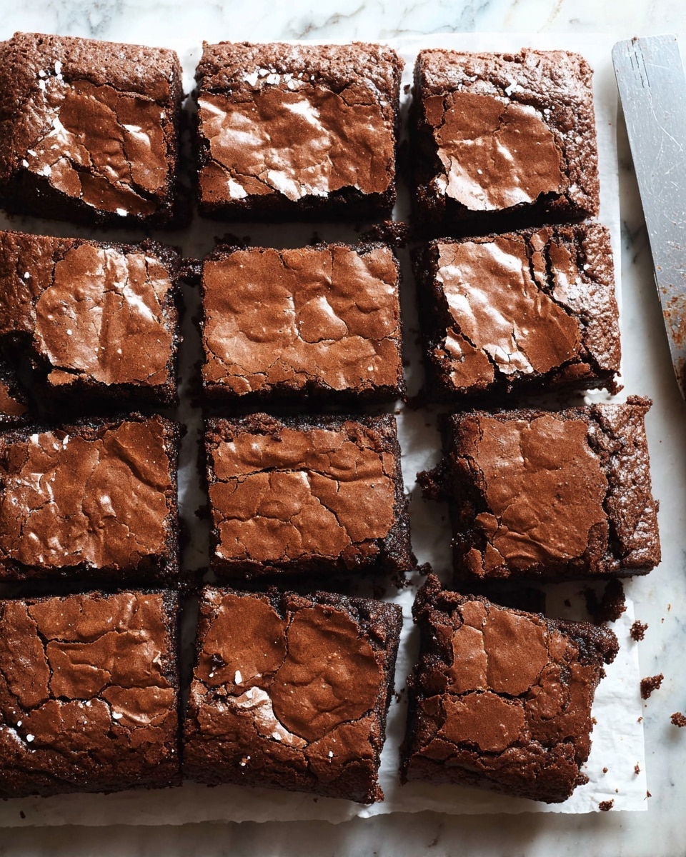A batch of twelve chocolate brownies is shown from above, arranged in a 3 by 4 grid on white parchment paper. The brownies have a cracked, slightly shiny top layer that is medium brown and textured with fine lines. Each square is thick, showing a dense, darker brown interior with a soft texture under the crackled surface. The edges are slightly darker and a bit crumbly, and some crumbs are scattered around the brownies on the parchment. The background features a white marbled surface with a small part of a wooden cutting board and a knife with a silver blade and wooden handle visible at the bottom right corner. Photo taken with an iphone --ar 4:5 --v 7
