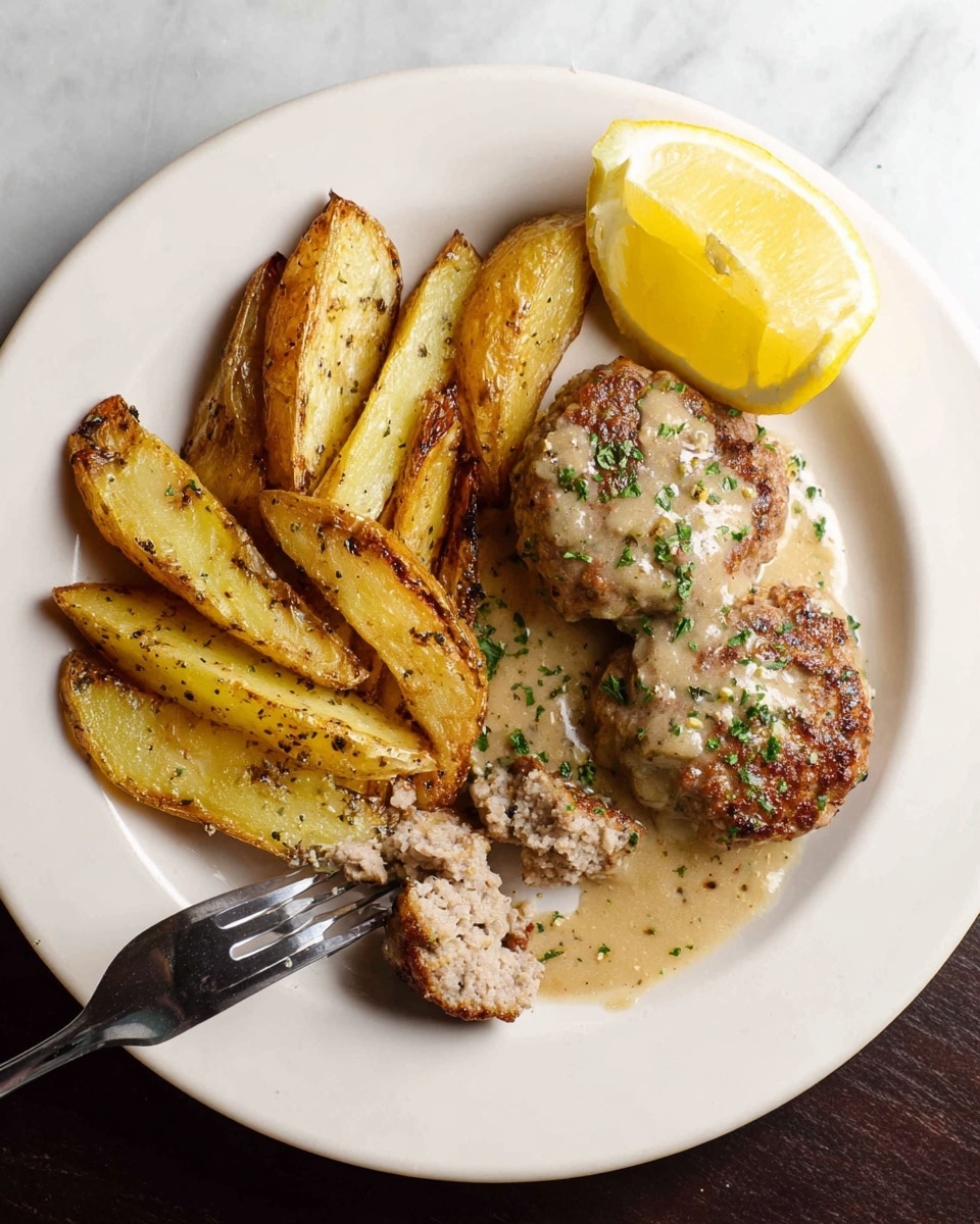 The image shows a white plate with three cooked meatballs covered in a light brown sauce sprinkled with green herbs. One meatball is slightly cut open, revealing a pinkish and soft inside. To the left of the meatballs, there is a group of golden roasted potato wedges seasoned with herbs. On top of the meatballs, a bright yellow lemon wedge is placed. A fork is positioned on the right side of the plate, holding a piece of the cut meatball. The plate sits on a white marbled surface. photo taken with an iphone --ar 4:5 --v 7