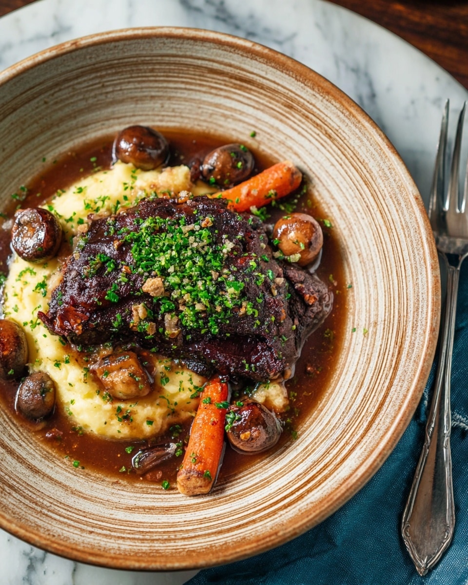 A deep brown, shiny cooked piece of meat sits on top of a mix of cooked vegetables including small round mushrooms, carrot slices, and pearl onions with rich brown sauce pooling around them. Next to the meat is a scoop of smooth, pale yellow mashed potatoes. The dish is garnished with finely chopped bright green herbs scattered over the top. All is placed in a large white bowl with subtle speckles, set on a white marbled surface. Photo taken with an iphone --ar 4:5 --v 7